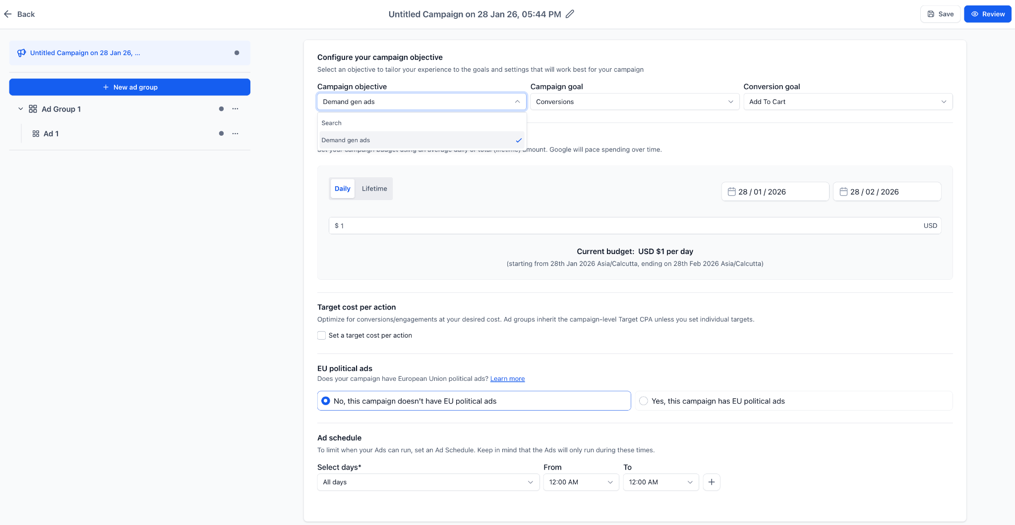Launch Google Demand Gen Ads In One Place 1 Campaign configuration interface for Google Demand Gen Ads, showcasing options for campaign objectives, goals, budget settings, and ad scheduling.