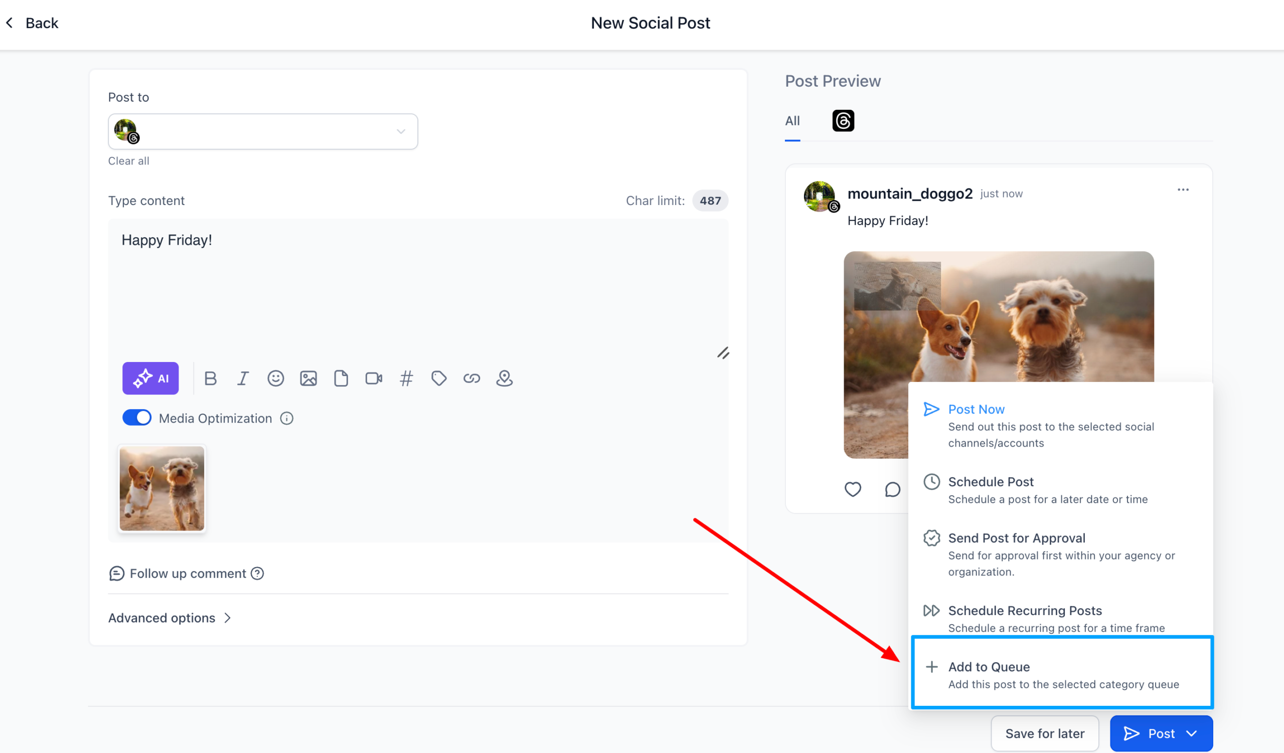 Edit And Visualize Category Queues 8 New social post interface showcasing options for scheduling and adding posts to a Category Queue, featuring a preview of two dogs and text input area for content.