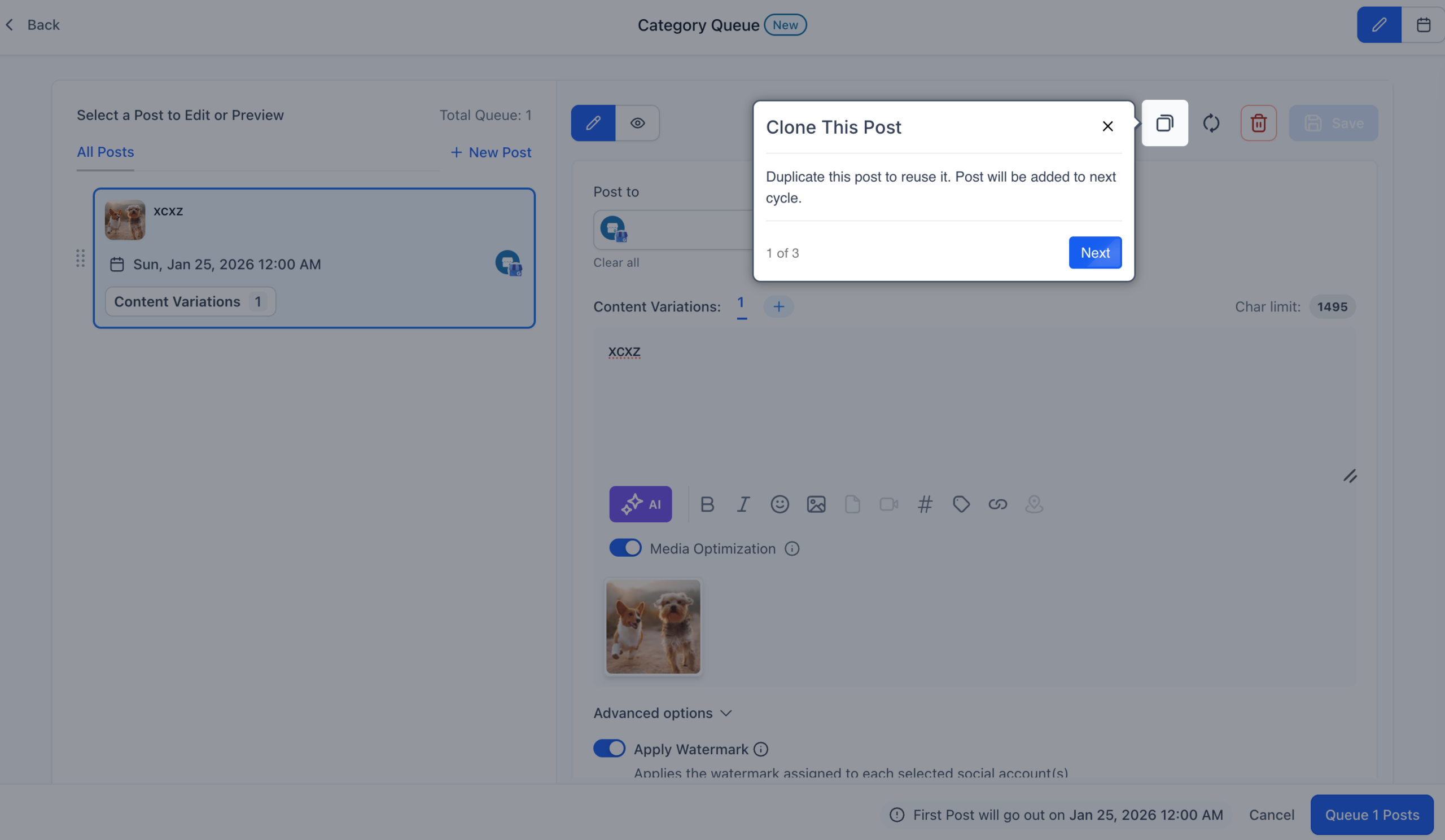 Edit And Visualize Category Queues 2 User interface of FirstDirect360's Category Queue, featuring post editing options, a calendar date selection, and content variation settings for social media management.