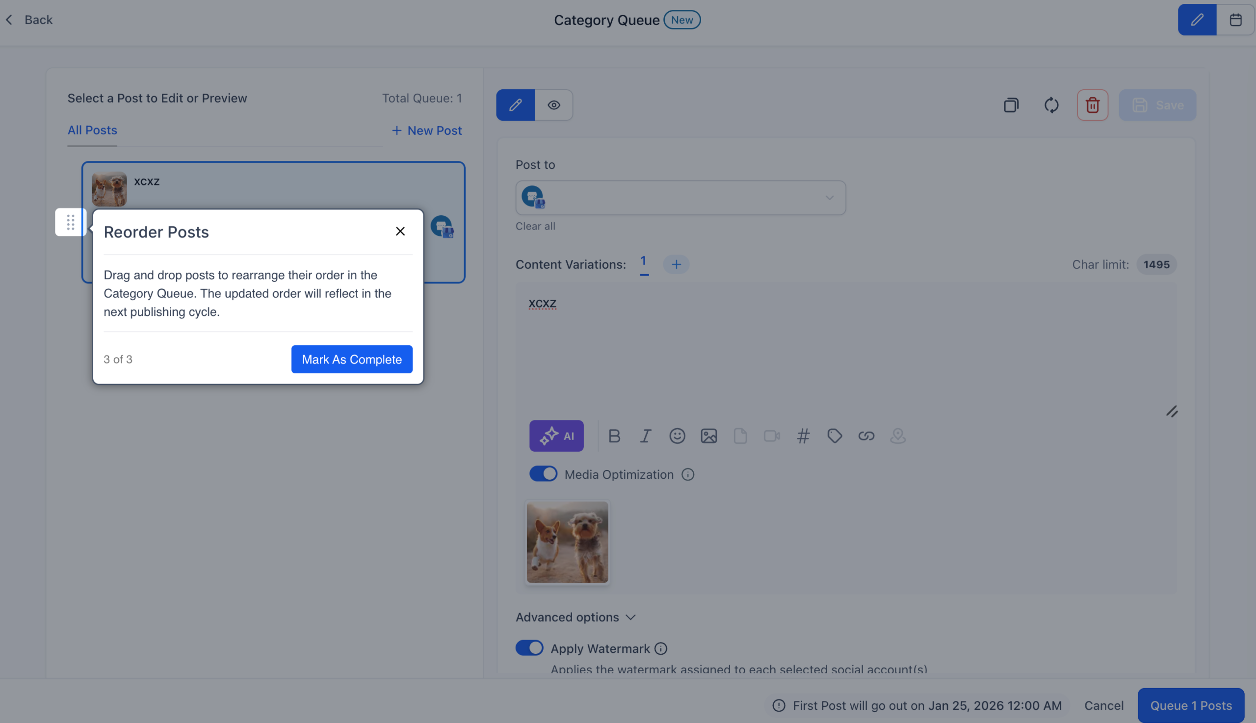 Edit And Visualize Category Queues 3 User interface for editing Category Queue, featuring drag-and-drop functionality for post reordering, content variations input, and media optimization options.