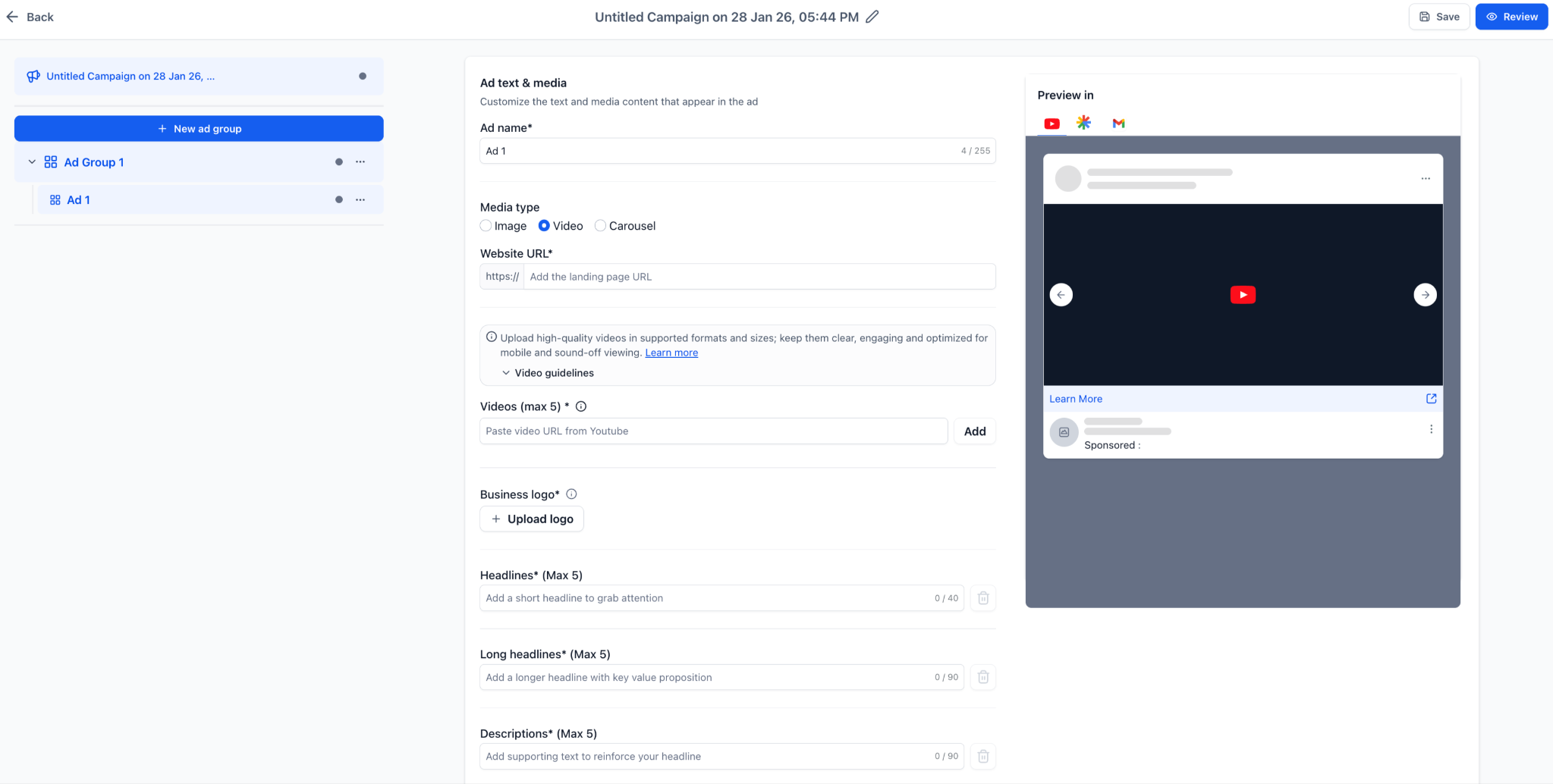 Launch Google Demand Gen Ads In One Place 7 Ad campaign management interface showcasing ad creation options, including media type selection, website URL entry, and real-time ad preview for Google Demand Gen Ads.