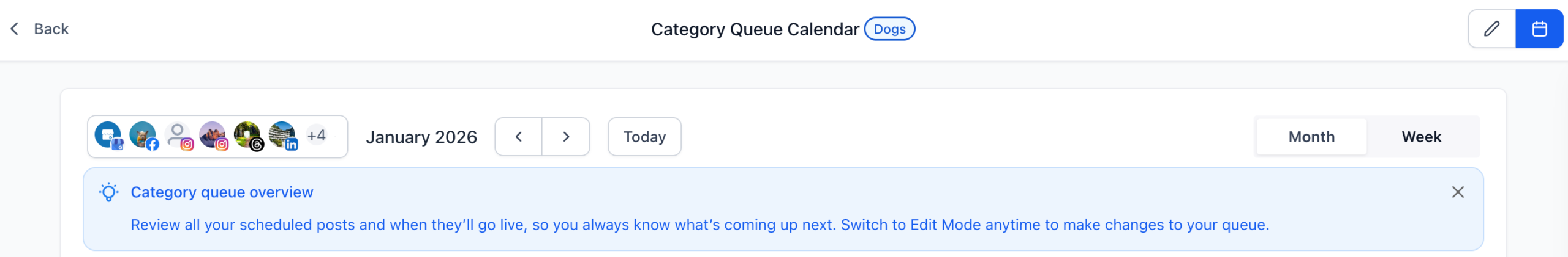 Edit And Visualize Category Queues 4 Category Queue calendar interface displaying scheduled posts for January 2026, with options to switch between month and week views and an overview message for managing content.