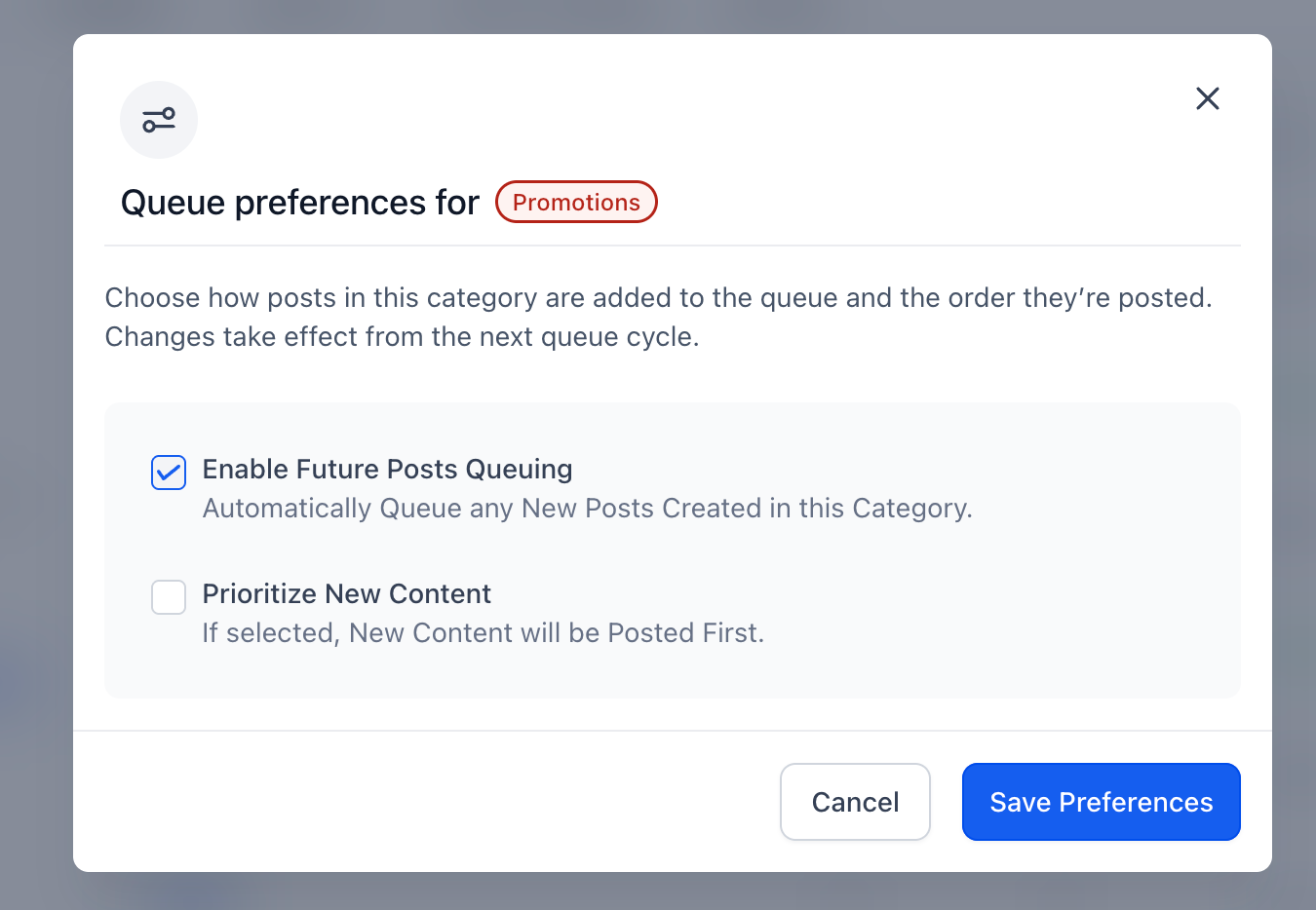 Edit And Visualize Category Queues 7 Queue preferences modal for Promotions category, options for enabling future posts queuing and prioritizing new content, with explanatory text for each option.