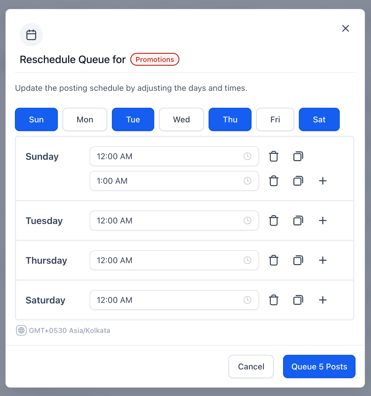 Edit And Visualize Category Queues 6 Reschedule queue interface for promotions with selectable days and times, featuring a calendar layout and options to update posting schedule.