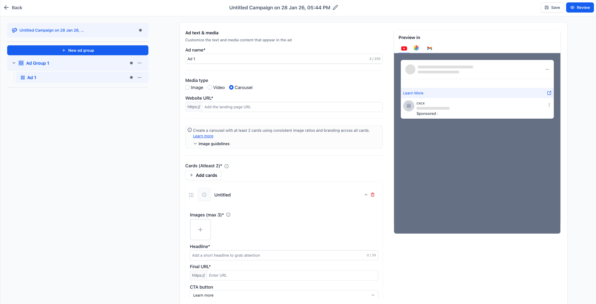 Launch Google Demand Gen Ads In One Place 8 Ad campaign management interface showing ad group setup for Google Demand Gen Ads with carousel format options and preview section for YouTube and Gmail placements.