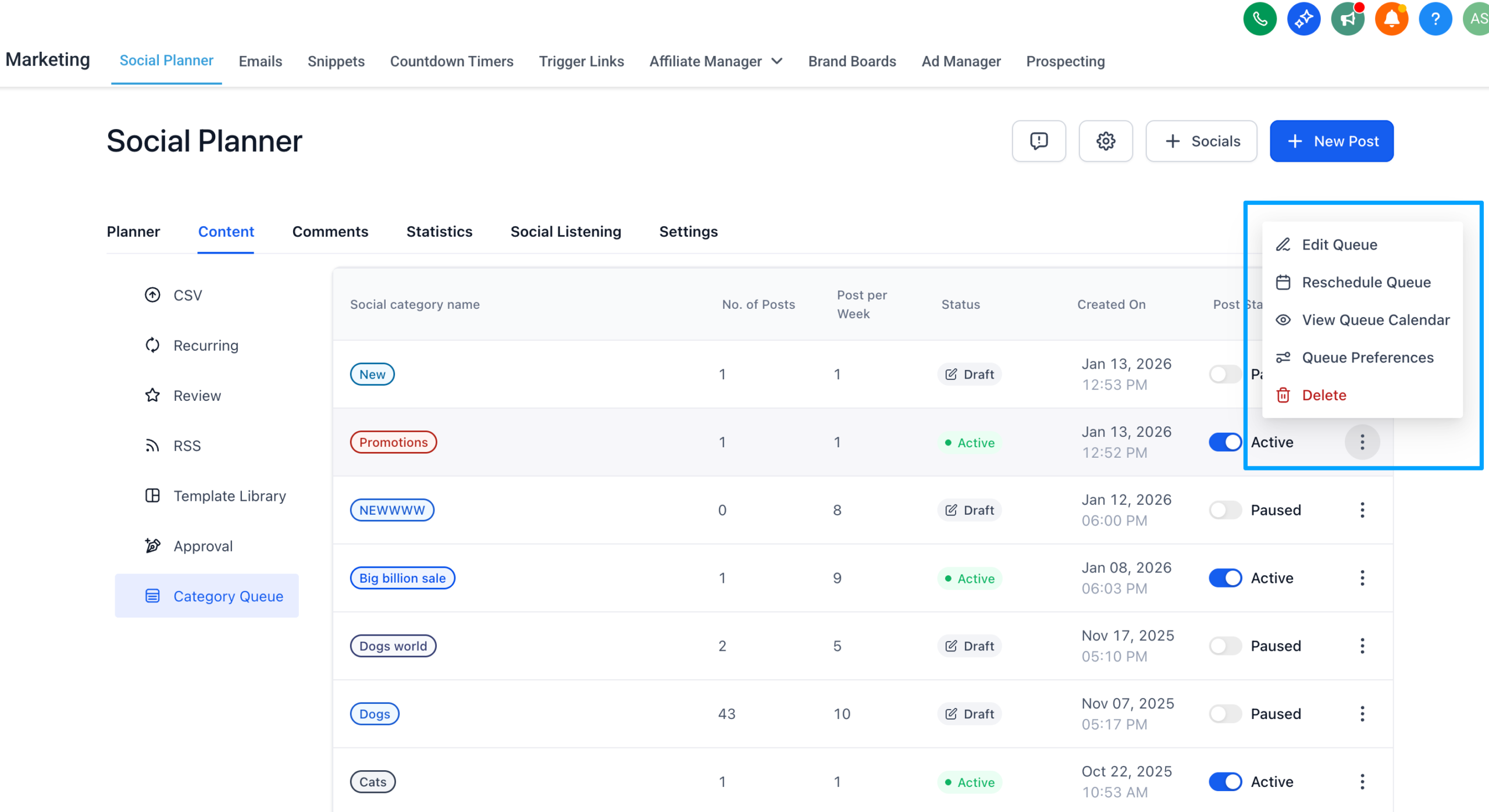 Edit And Visualize Category Queues 1 Social Planner interface displaying Category Queue management features, including options to edit, reschedule, and view calendar for social media content organization.