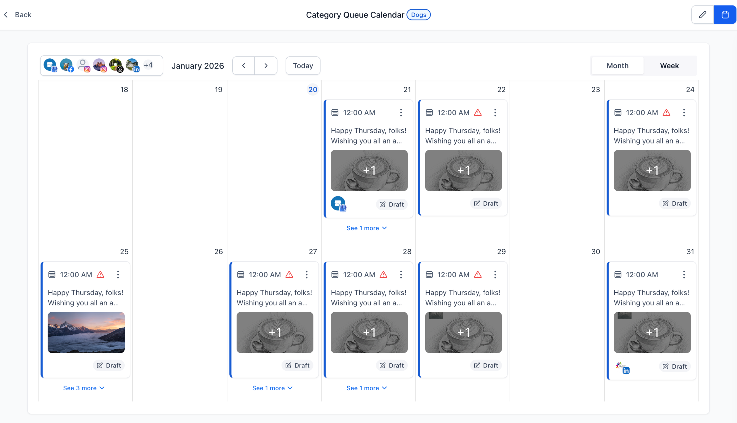 Edit And Visualize Category Queues 5 Calendar view of Category Queue in FirstDirect360, displaying scheduled social media posts with draft indicators and editing options for post captions and timing adjustments.