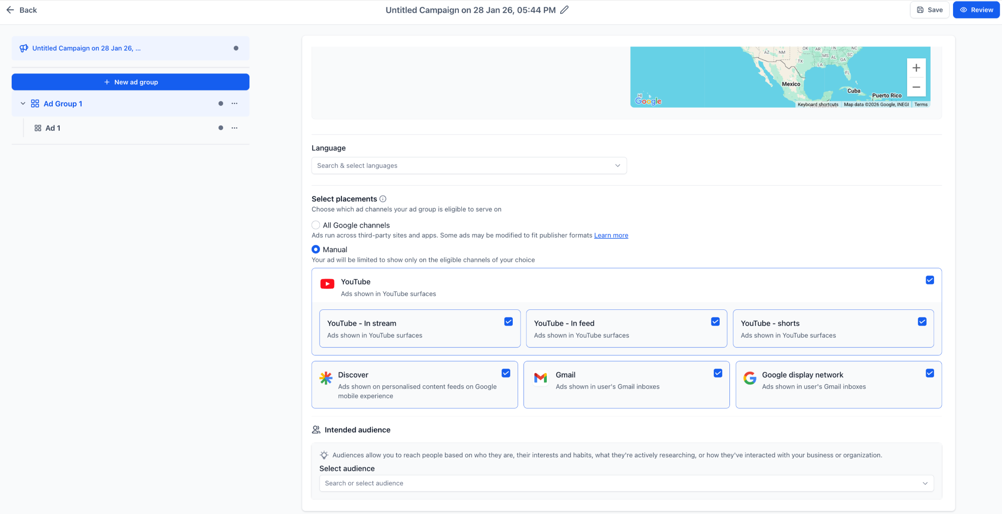Launch Google Demand Gen Ads In One Place 3 Campaign management interface showcasing ad placement options across Google channels, including YouTube, Discover, and Gmail, emphasizing expanded inventory reach for digital marketing strategies.