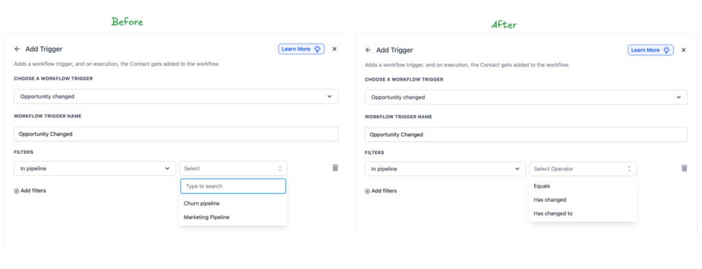 Workflow trigger settings comparison before and after update, showcasing new event-based operators "Has Changed" and "Has Changed To" for improved marketing automation efficiency.