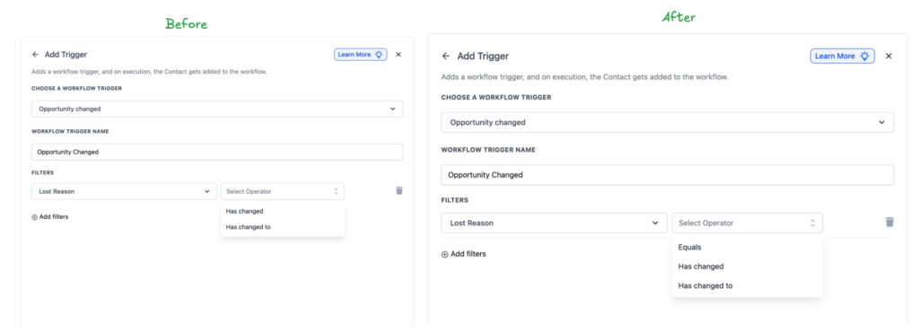 Add Trigger interface comparison showing workflow trigger options before and after updates with new event-based operators for opportunity changes.