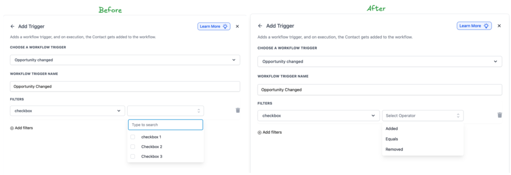 Add Trigger interface comparison for Opportunity Changed workflow, showcasing new event-based operators like Added and Removed for enhanced automation control.
