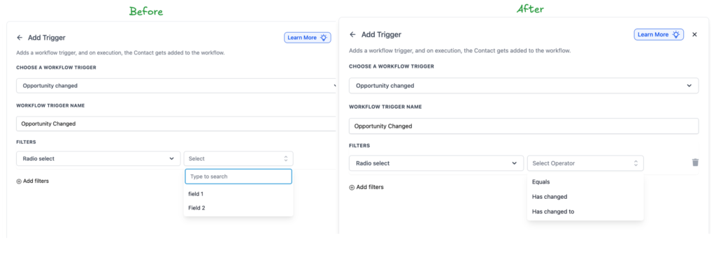 User interface comparison showing "Add Trigger" section before and after updates, highlighting new event-based operators for opportunity triggers in marketing automation workflows.