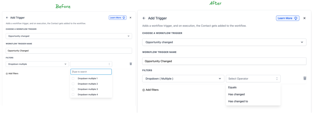 Before and after interface comparison of the Opportunity Changed trigger in FirstDirect360, highlighting new event-based operators for workflow automation.