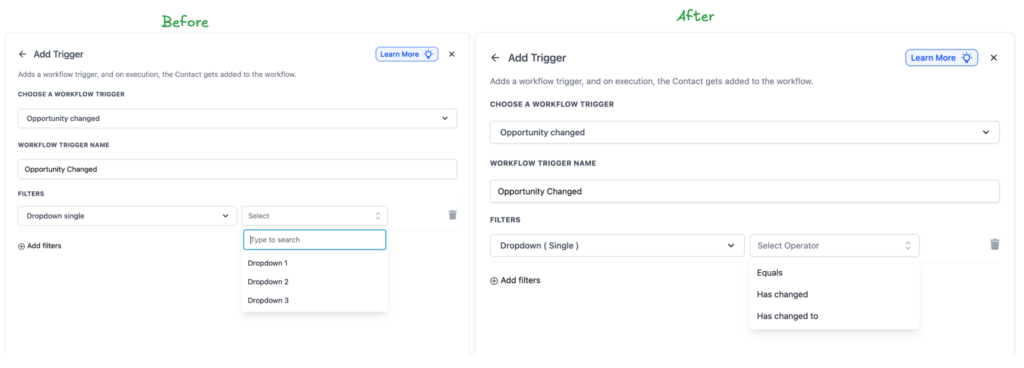 Before and after comparison of workflow trigger settings for opportunity changes, showcasing new event-based operators and filter options.